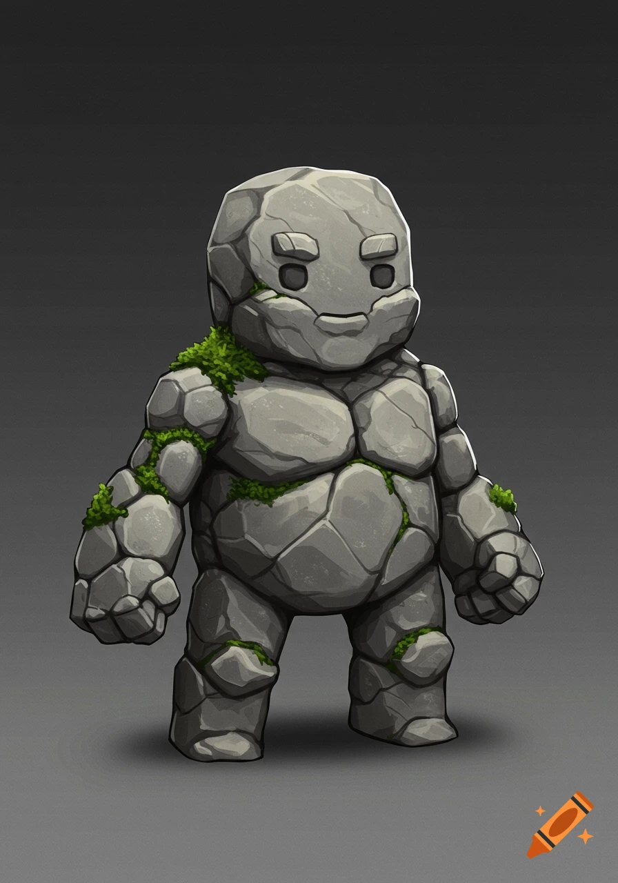 A cute, stylized rock golem creature with moss patches and a friendly expression, standing on a grey background.