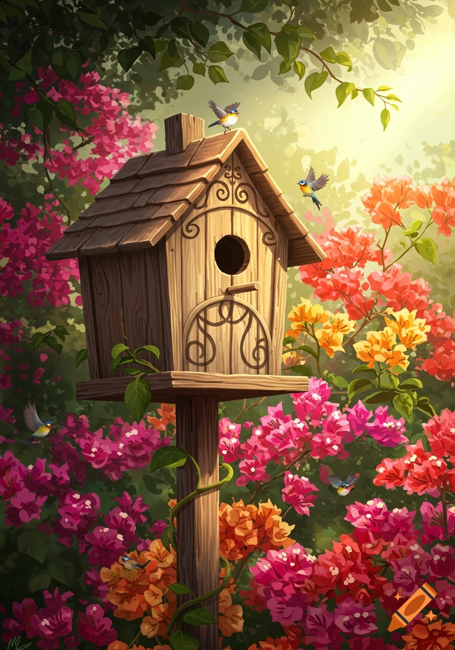 A wooden birdhouse surrounded by vibrant pink and orange bougainvillea flowers, with small birds flying in a lush garden, illustration.
