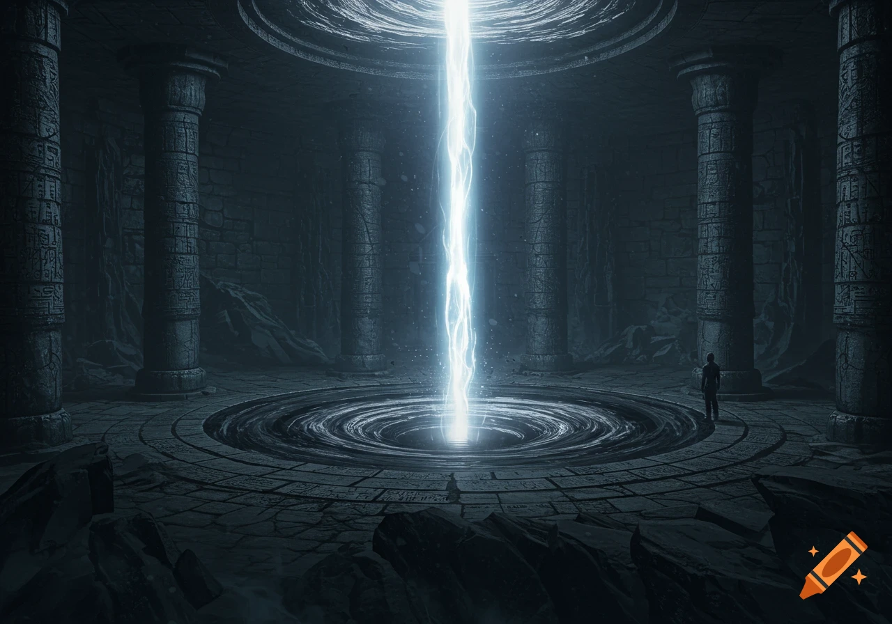 A lone figure in a dark, ancient temple with carved pillars, as a bright light beam shoots into a swirling black pool.