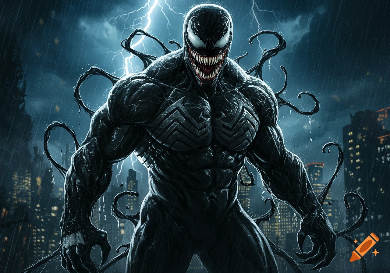 Muscular black Venom with a fanged mouth and white eyes stands in a stormy city with lightning, comic book style.