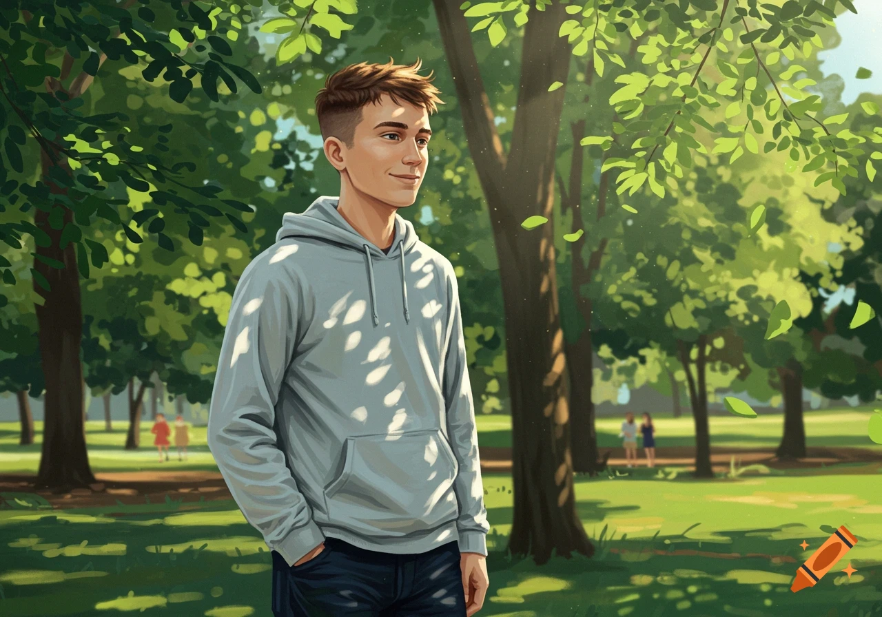 An illustrated young man in a gray hoodie and dark pants stands in a sunny park with green trees and dappled light.