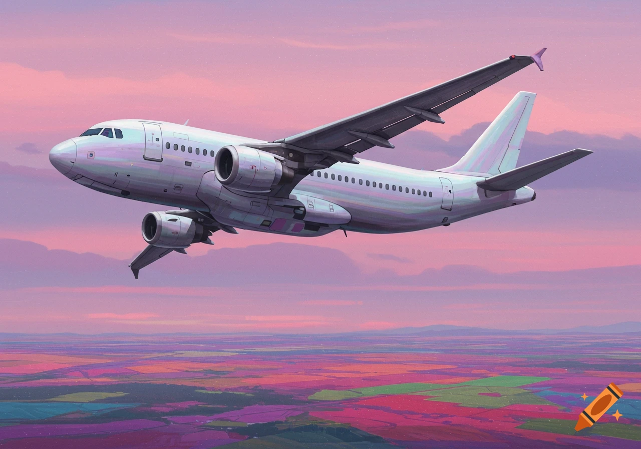 A stylized airplane with an iridescent sheen flies over vibrant, multicolored fields under a pink and purple sky.