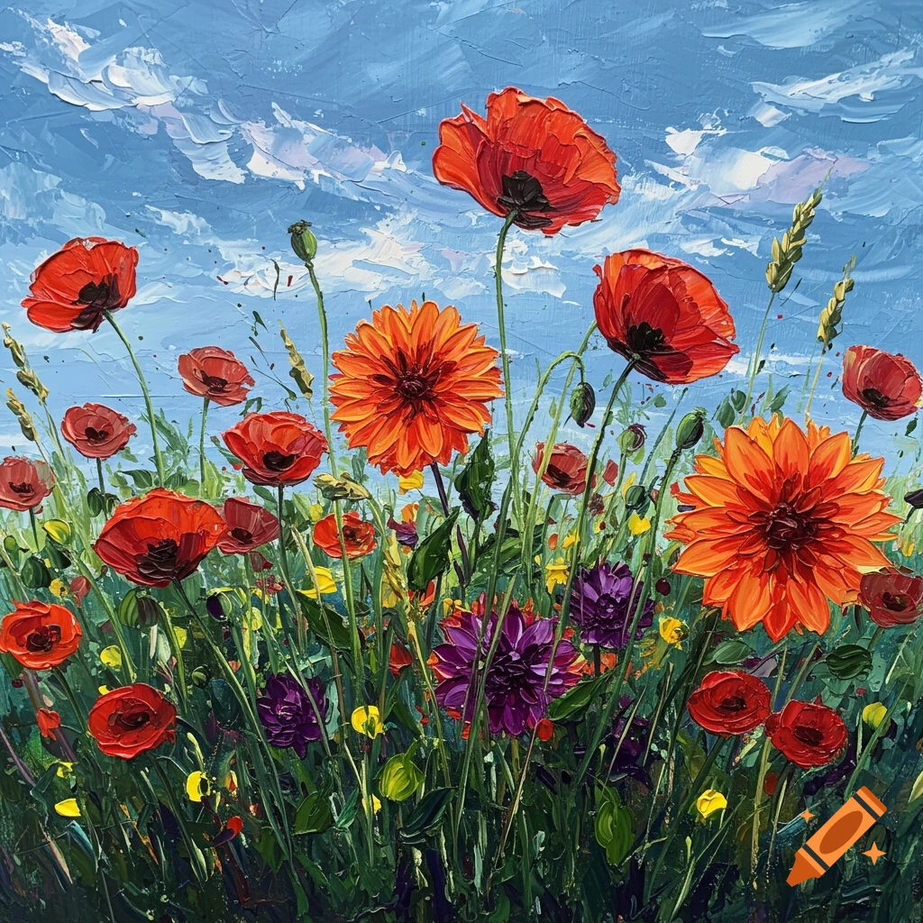 Vibrant impasto oil painting of a field of red poppies, orange dahlias, and other colorful flowers under a blue sky.