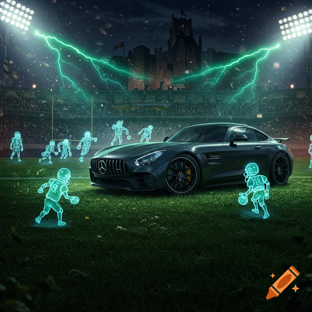 A dark Mercedes-AMG GT R sports car on a grassy football field under stadium lights with glowing green lightning and ghostly football players.