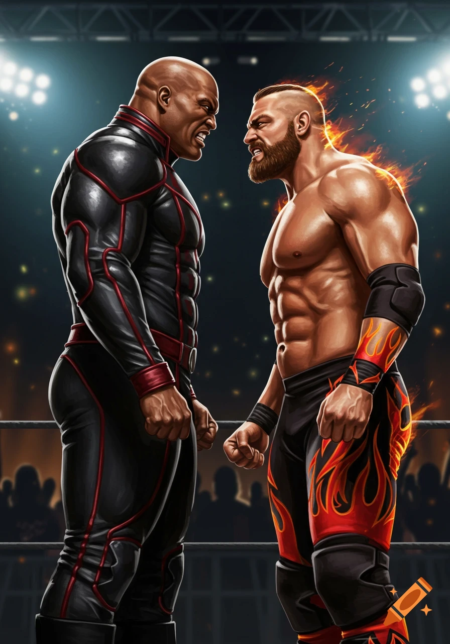 Two muscular wrestlers, one in black with red trim and one in black with red flames, confront each other in a wrestling ring, comic art style.