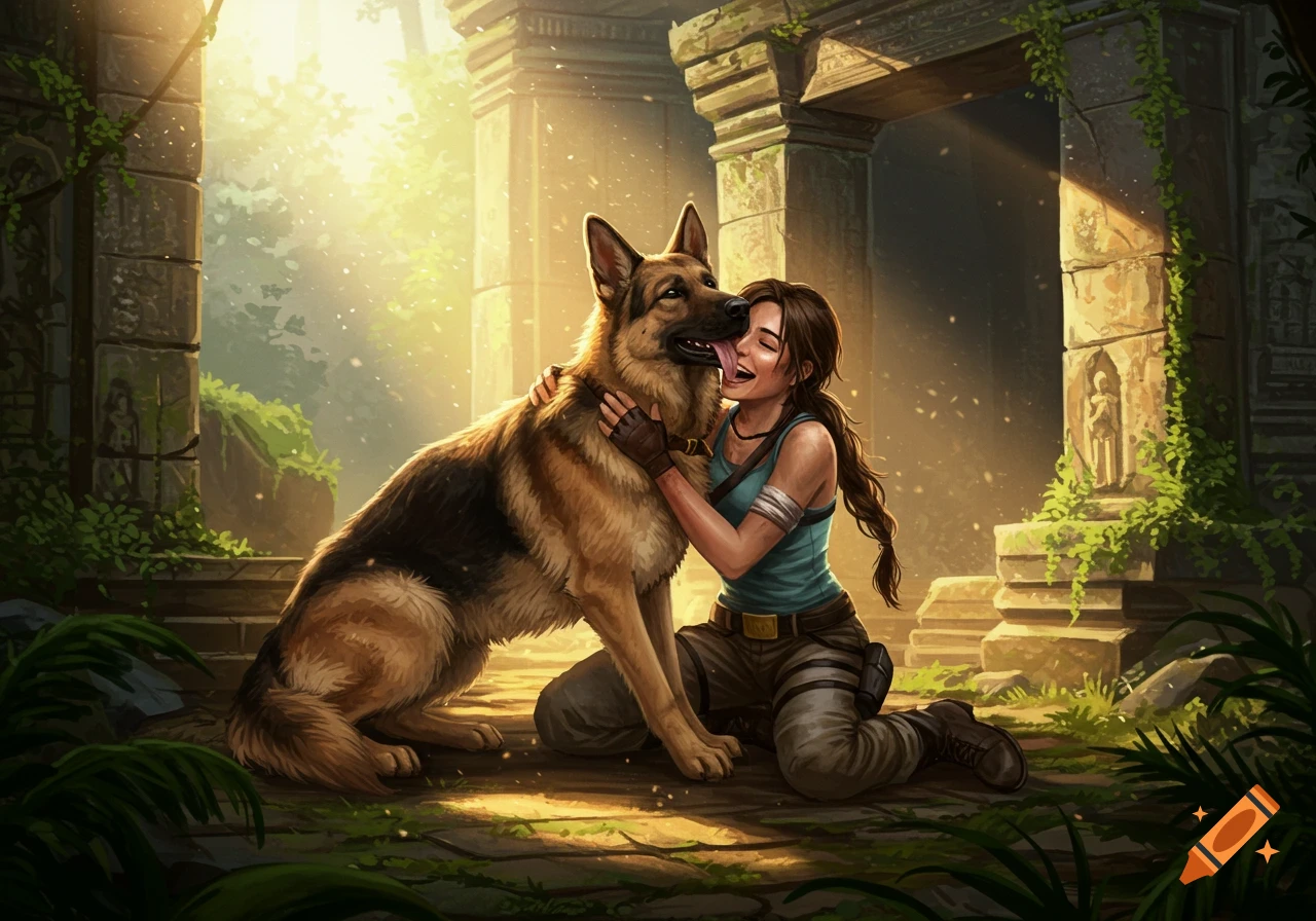 Lara Croft kneels and hugs a German Shepherd as it licks her face in a sunlit, overgrown jungle temple. Fantasy art.