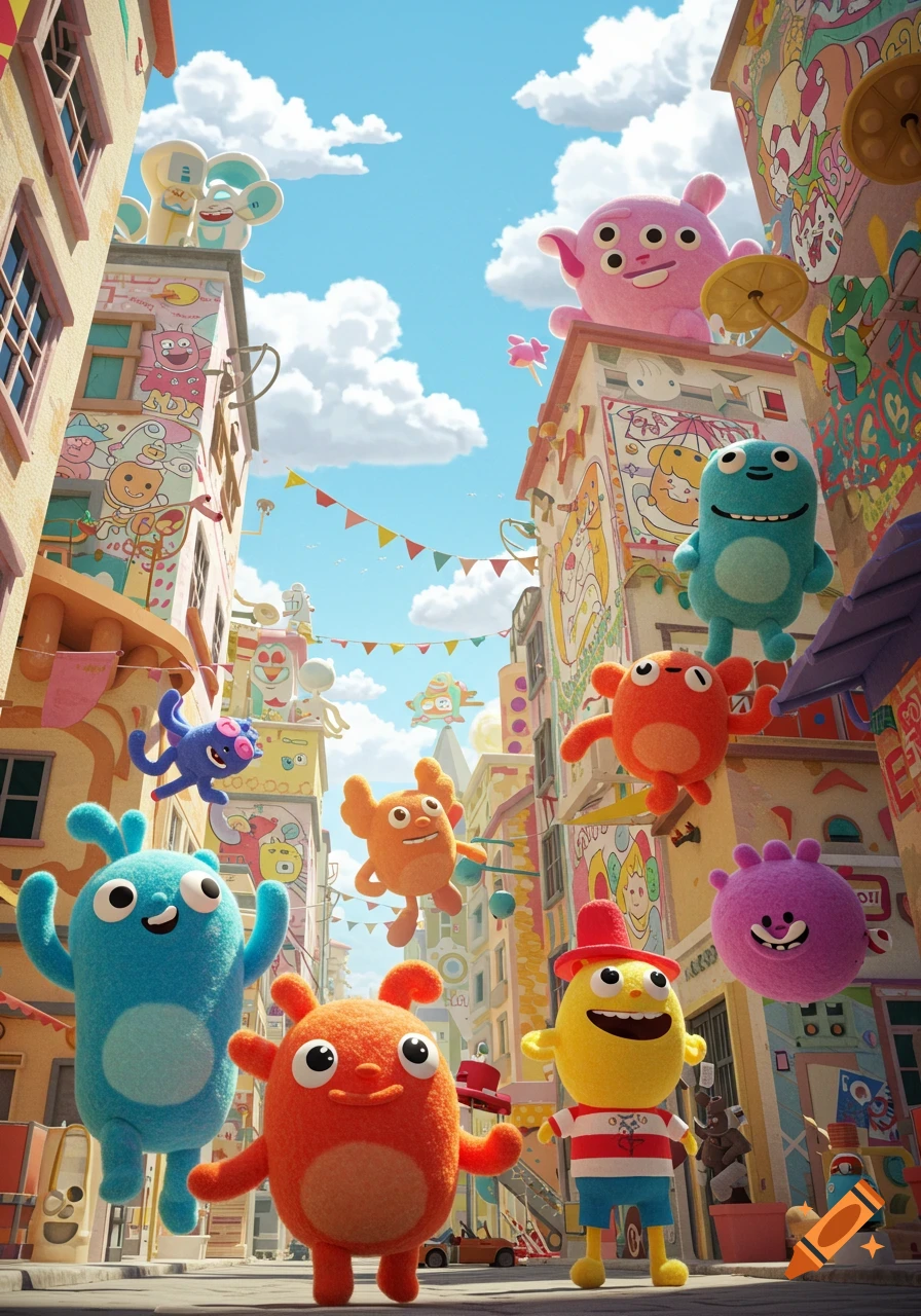 Colorful, fuzzy cartoon monsters in a whimsical, brightly decorated city street.