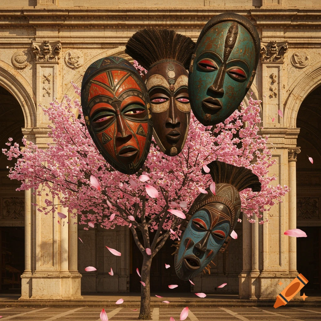Four colorful African tribal masks float around a cherry blossom tree in front of Renaissance architecture.