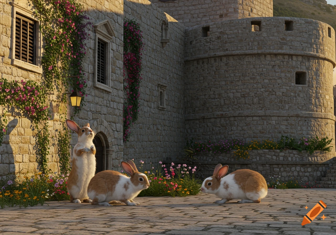 Three photorealistic brown and white rabbits on a stone patio in a sunny, ancient stone city with blooming pink flowers.