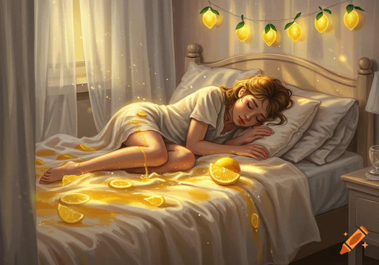 Dreamy illustration of a woman sleeping peacefully in a bed covered in lemon slices and spilled juice, under lemon string lights.