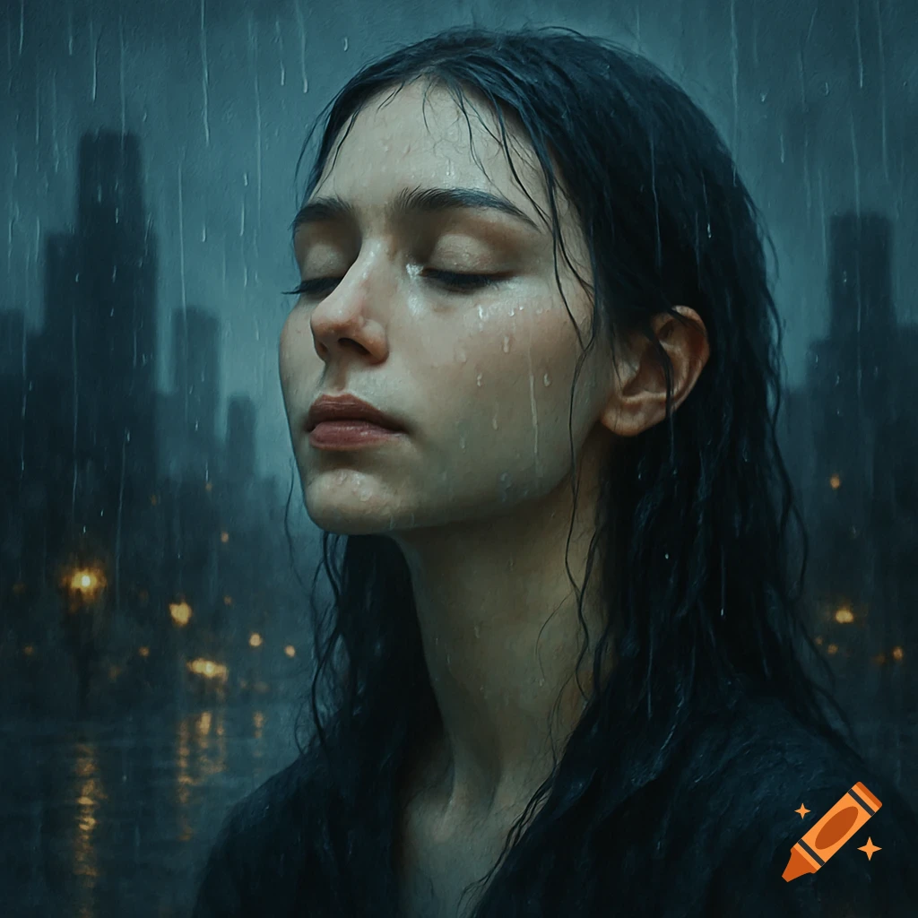 Photorealistic portrait of a woman with her eyes closed, face wet from rain, with a blurred city background.