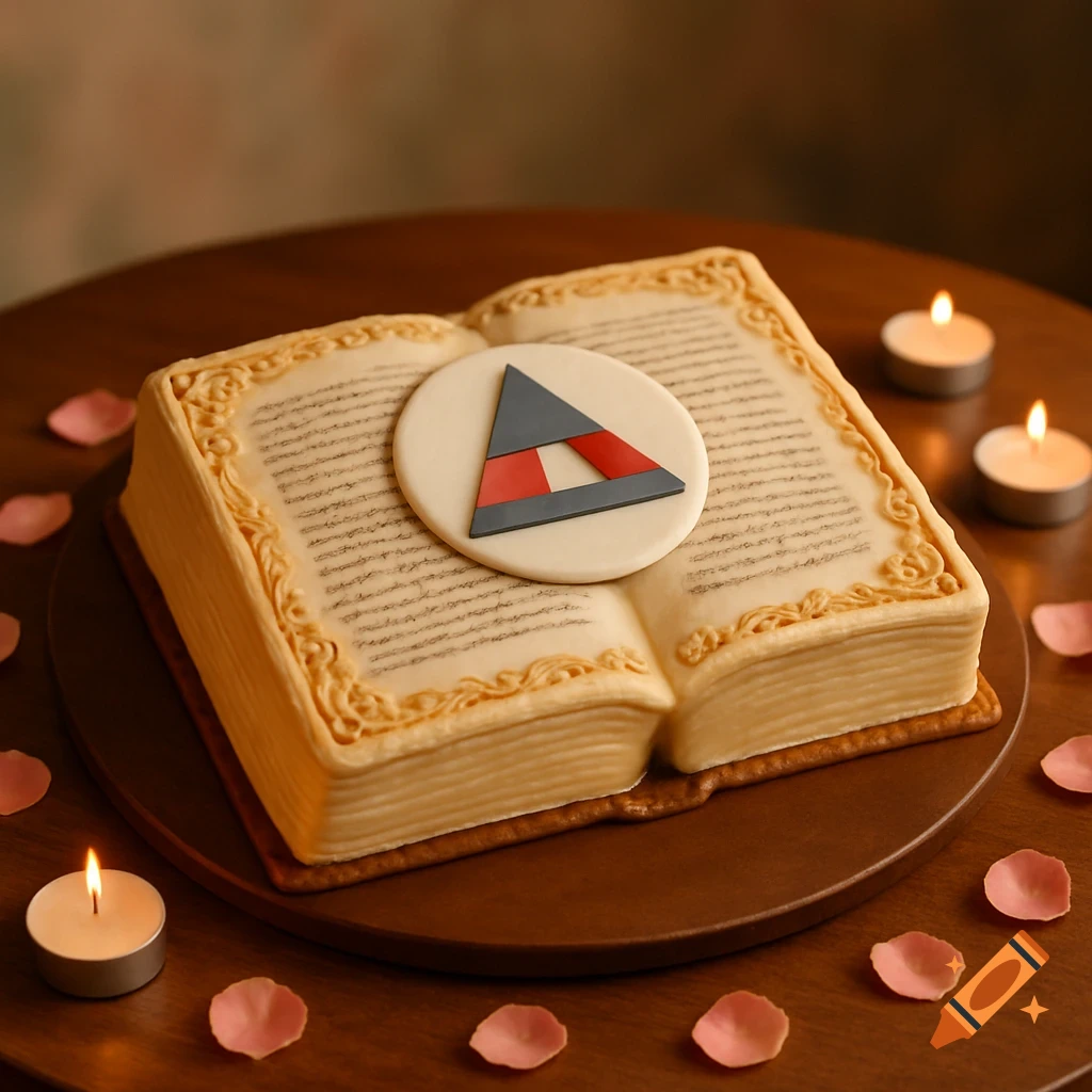 A detailed cake shaped like an open book with a red and grey triangle logo on its pages, surrounded by candles and rose petals.