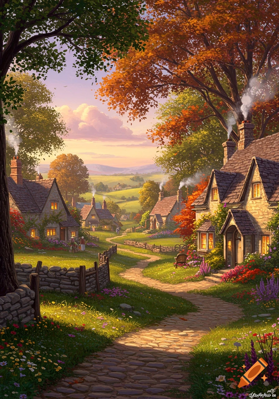 A vibrant illustrative painting of a quaint village with stone houses, a winding path, and colorful autumn trees at sunset.