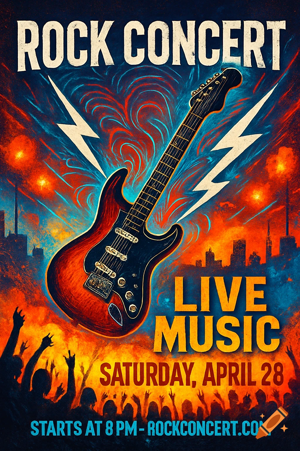Vibrant rock concert poster with an electric guitar, lightning bolts, a city skyline, and a silhouetted crowd. Text: 'ROCK CONCERT'.