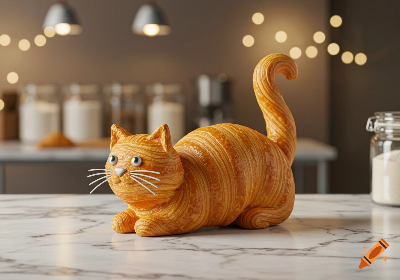A photorealistic cat-shaped croissant with eyes and whiskers on a marble countertop in a kitchen.