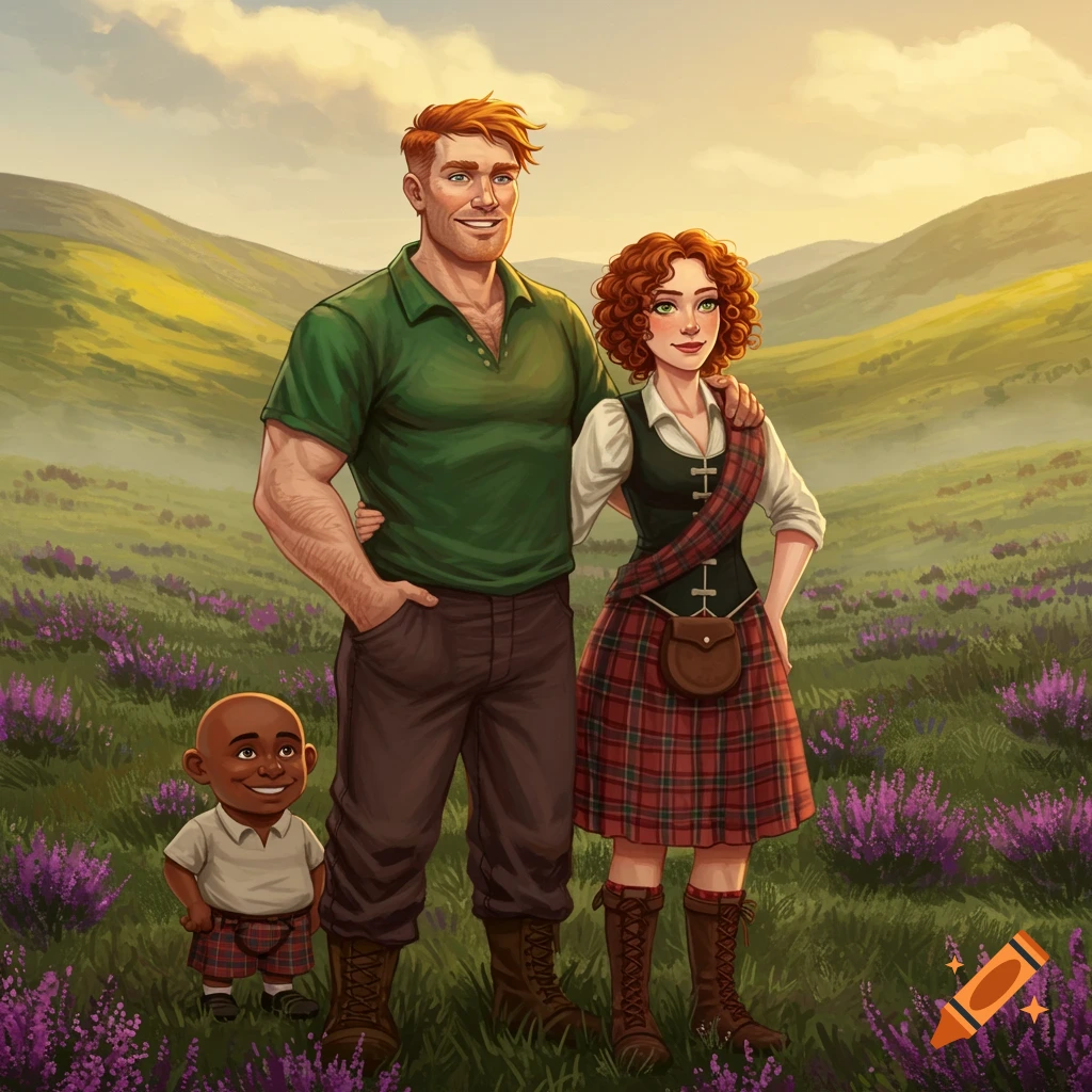A stylized illustration of a man, a woman in a kilt, and a child in a kilt, standing in a field of purple heather with green hills.