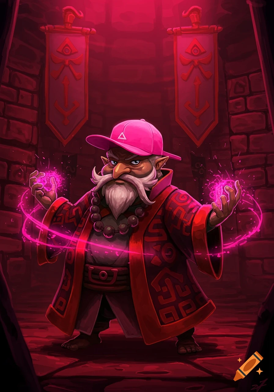 Master Kohga from Zelda, a dwarf-like mage with a white beard and pink baseball cap, casts vibrant pink magic in a red-lit dungeon, illustration.