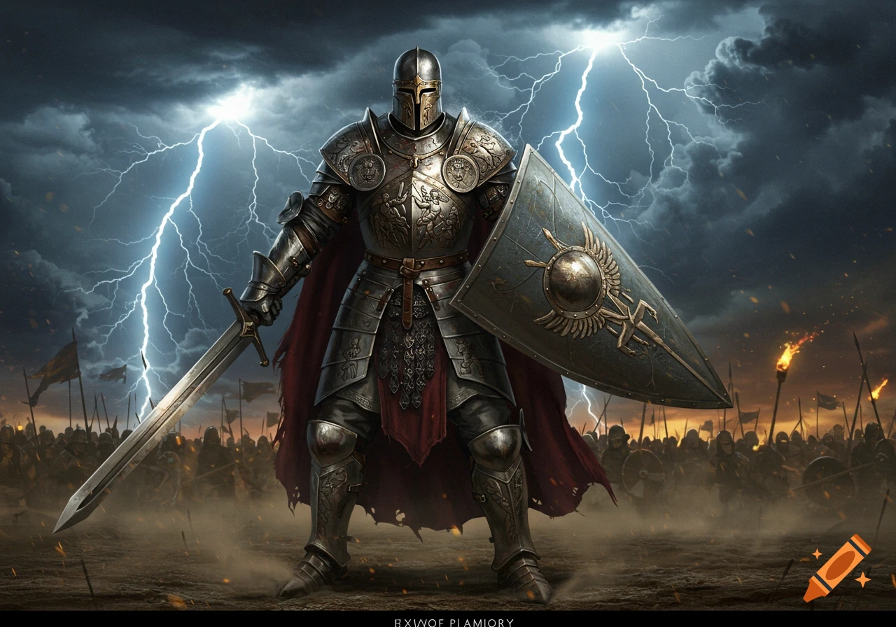 A heavily armored knight with a sword and shield stands before an army under a stormy, lightning-filled sky.
