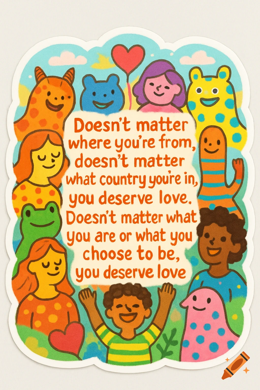 A colorful, quirky sticker with diverse cartoon characters and creatures around an inspirational quote about love and acceptance.