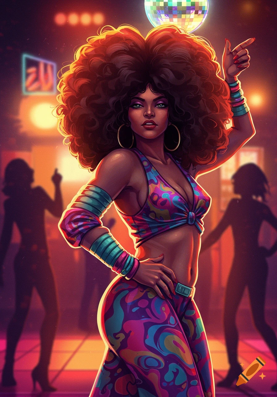 Vibrant illustration of a woman with a large afro in a colorful disco outfit, posing in a club with a disco ball.