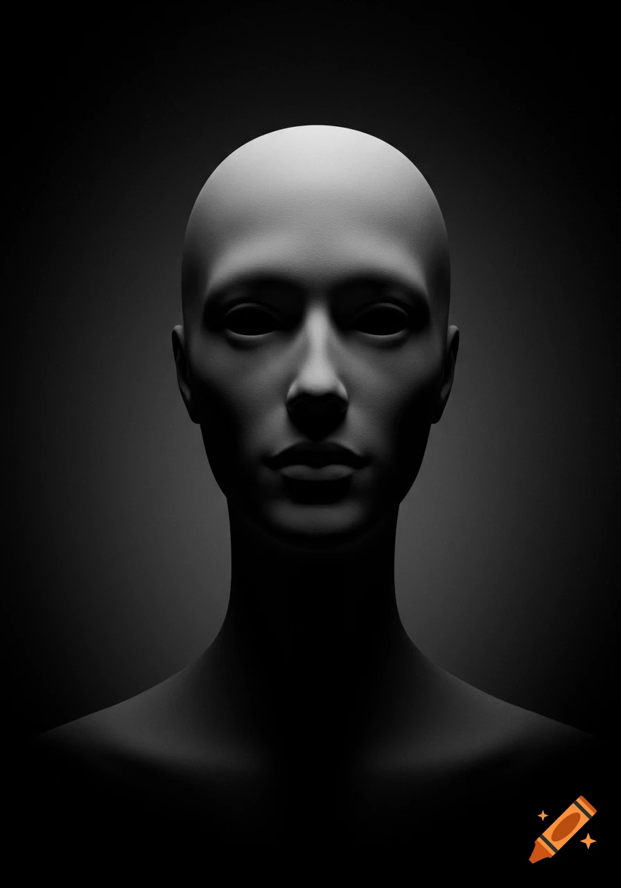 A black and white, low-key photo of a minimalist, bald, mannequin-like head with no eyebrows, emerging from darkness, casting deep shadows.