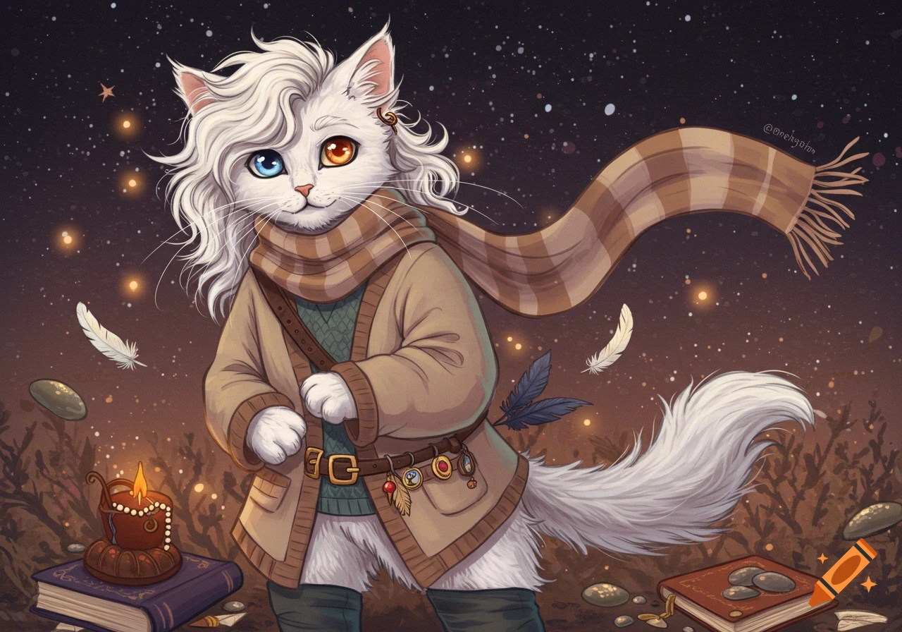 A charming white anthropomorphic cat with blue and amber eyes wears a brown coat and scarf under a starry night sky.