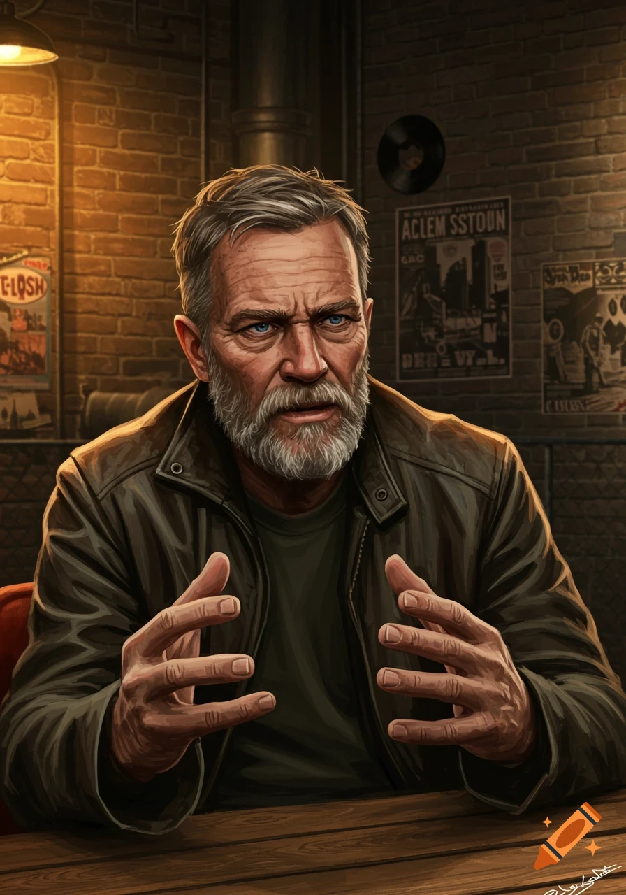 A gruff, older man with a grey beard and blue eyes, wearing a leather jacket, sits at a wooden table in a dimly lit bar, gesturing with his hands. Digital art.