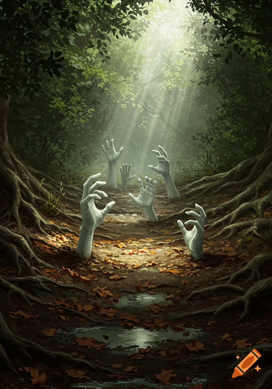 Eerie illustration of pale hands rising from a forest floor covered in autumn leaves and roots, with sunlight filtering through the trees.