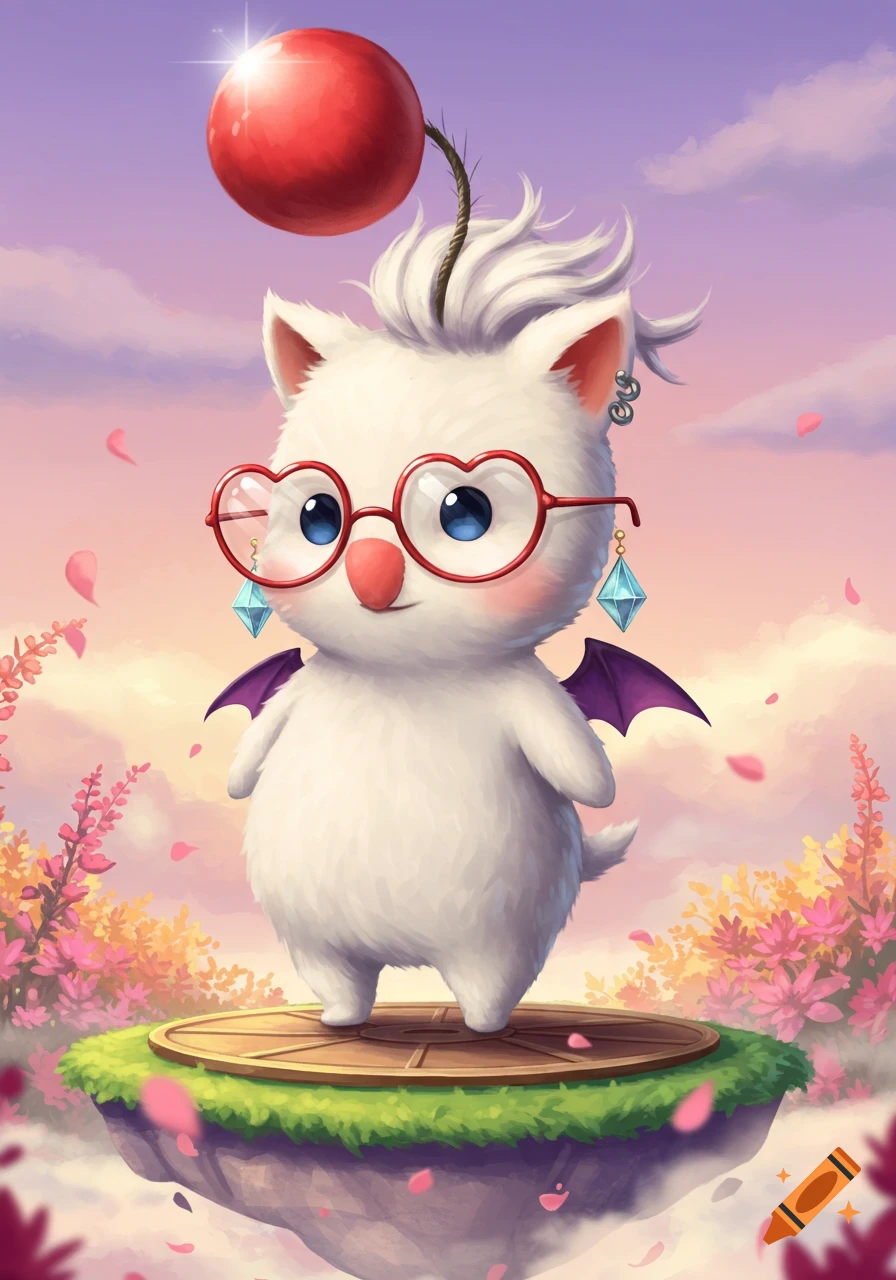A cute white Final Fantasy Moogle with red heart-shaped glasses, purple bat wings, and a red pompom stands on a floating island with flowers.