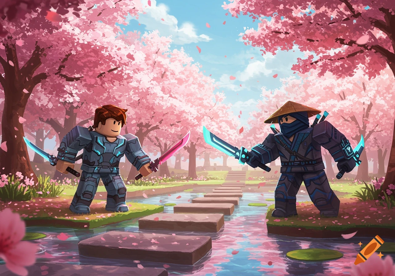 Two Roblox characters, one in armor and one a ninja, face off with glowing swords in a vibrant cherry blossom park with a stream.