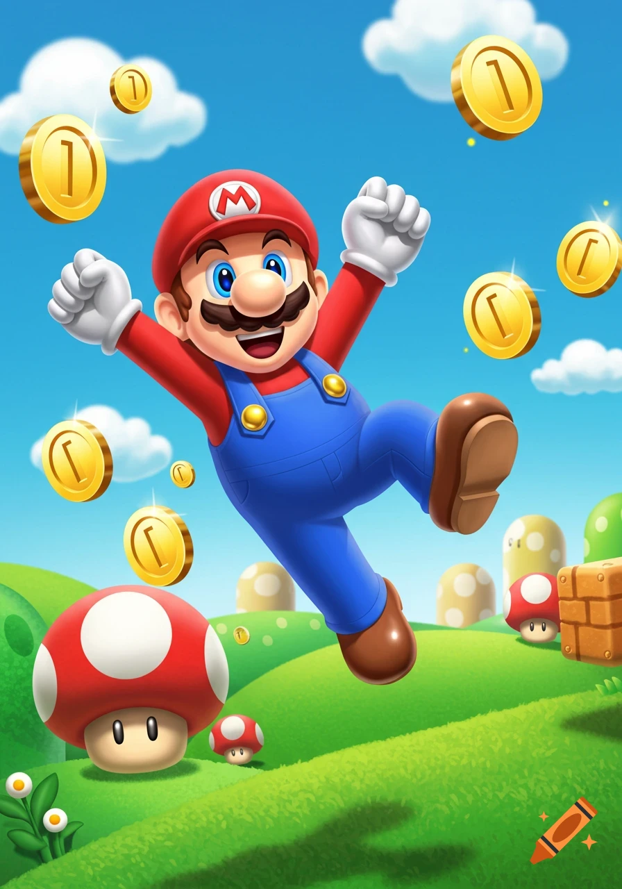 Super Mario leaps joyfully amidst floating gold coins and mushrooms in a bright, stylized cartoon landscape.
