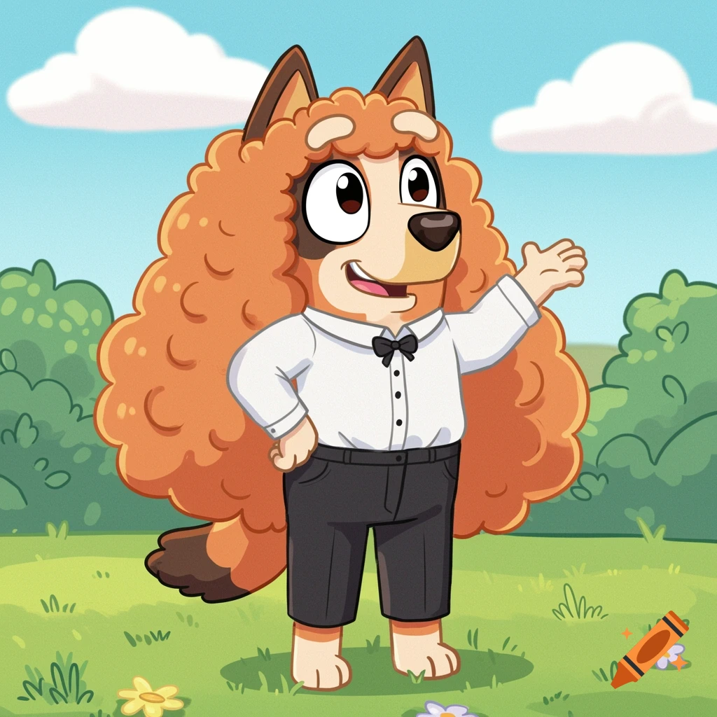 A cartoon Blue Heeler pup with long, curly auburn fur wears a white shirt with a black bow tie and black pants, standing in a grassy field.