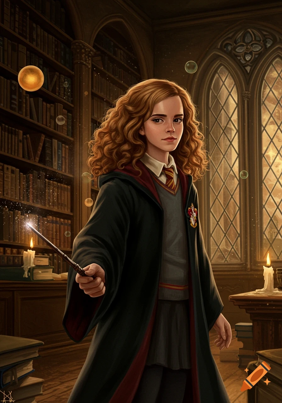 Young Hermione Granger with curly hair and Hogwarts robes holds a glowing wand in a magical library.