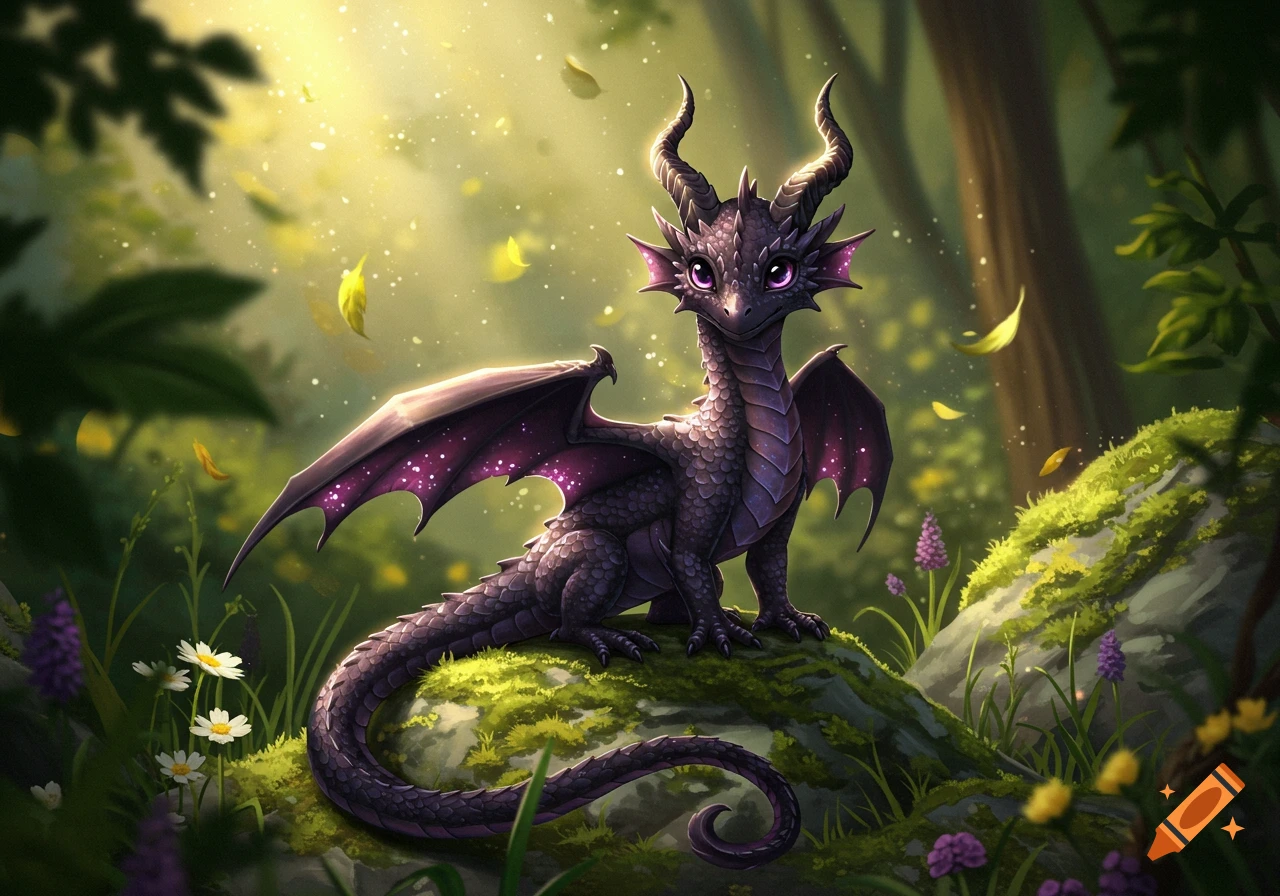 A tiny purple and black dragon with glowing wings sits on a mossy rock in a sunlit forest.