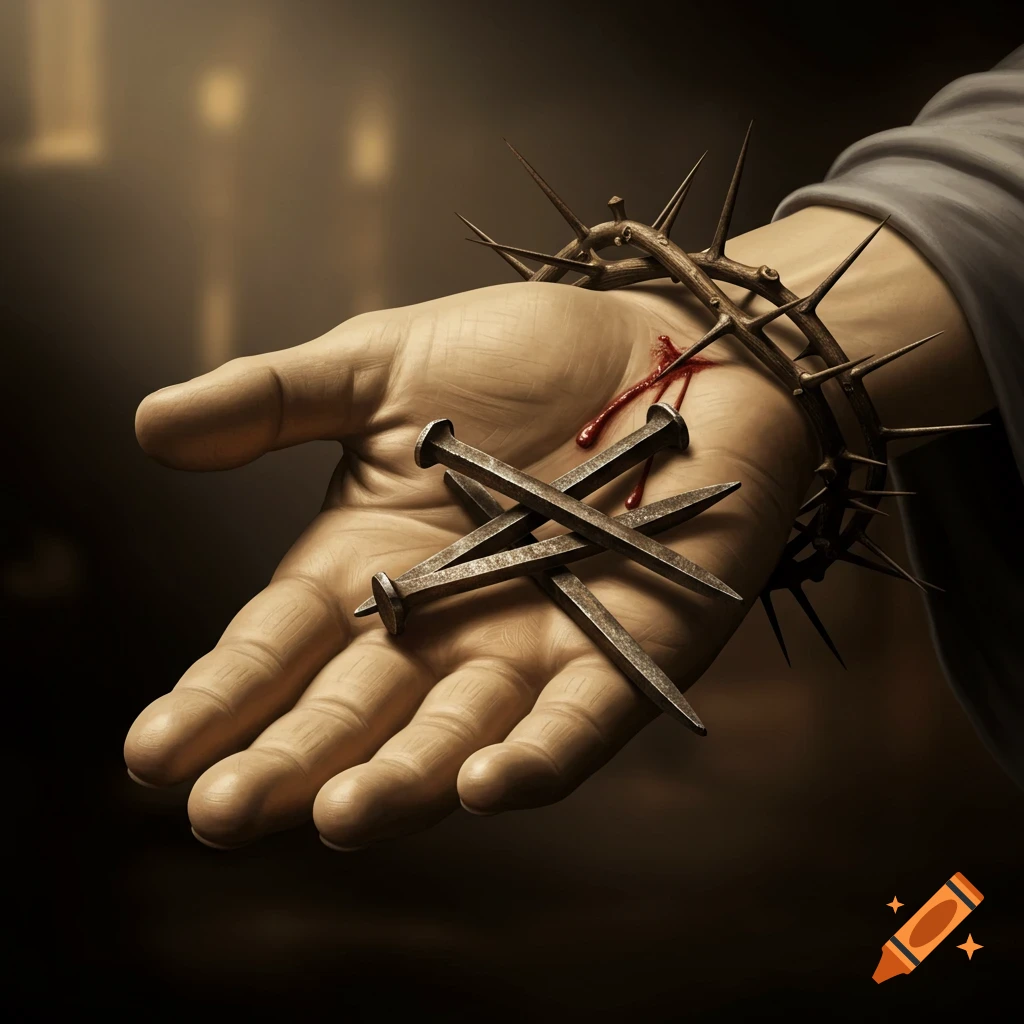 Close-up of a hand with a bleeding wound, holding three nails, with a crown of thorns wrapped around the wrist in a somber, realistic style.