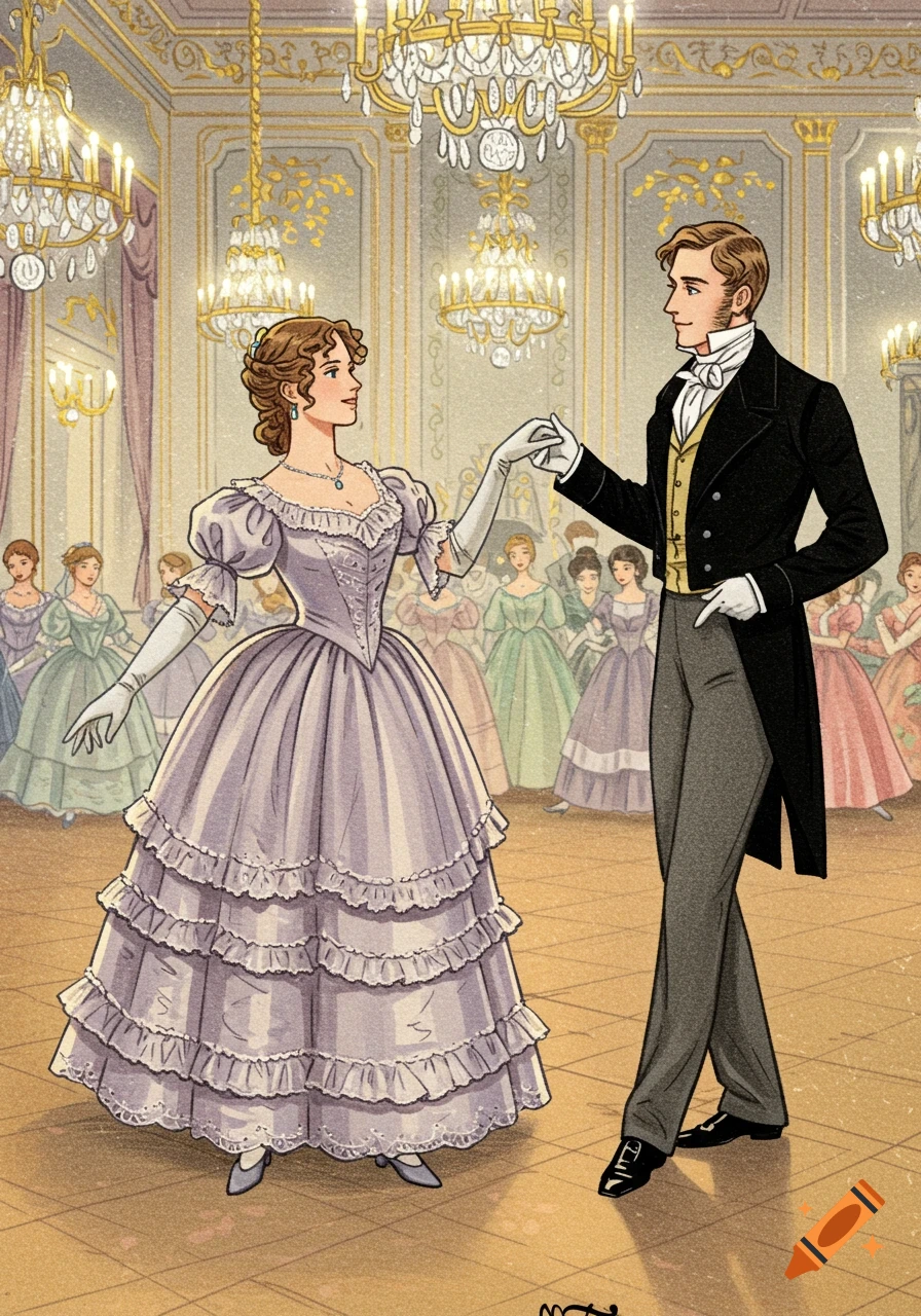 An illustrated Victorian couple in formal attire dance gracefully in a grand ballroom adorned with chandeliers.