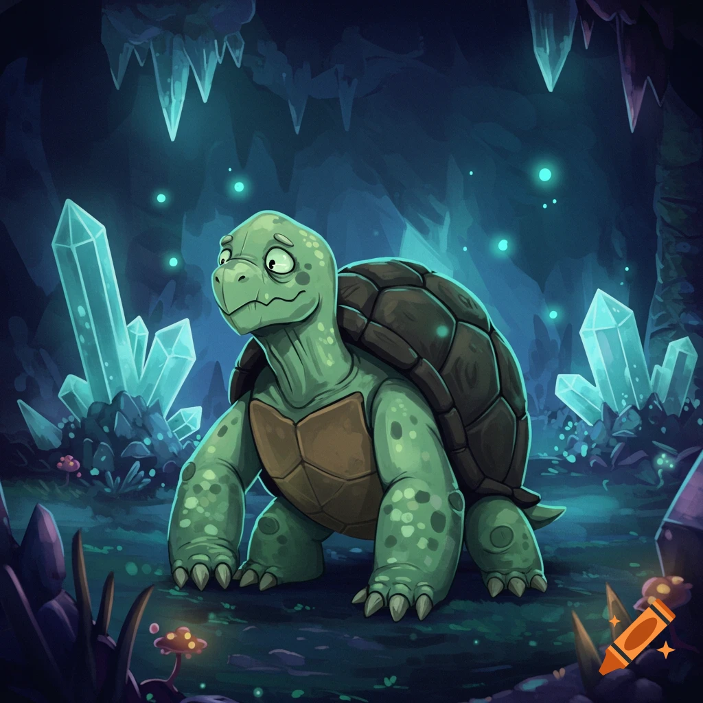 A cartoon turtle with a worried expression stands in a dark cave filled with glowing blue crystals and small mushrooms.