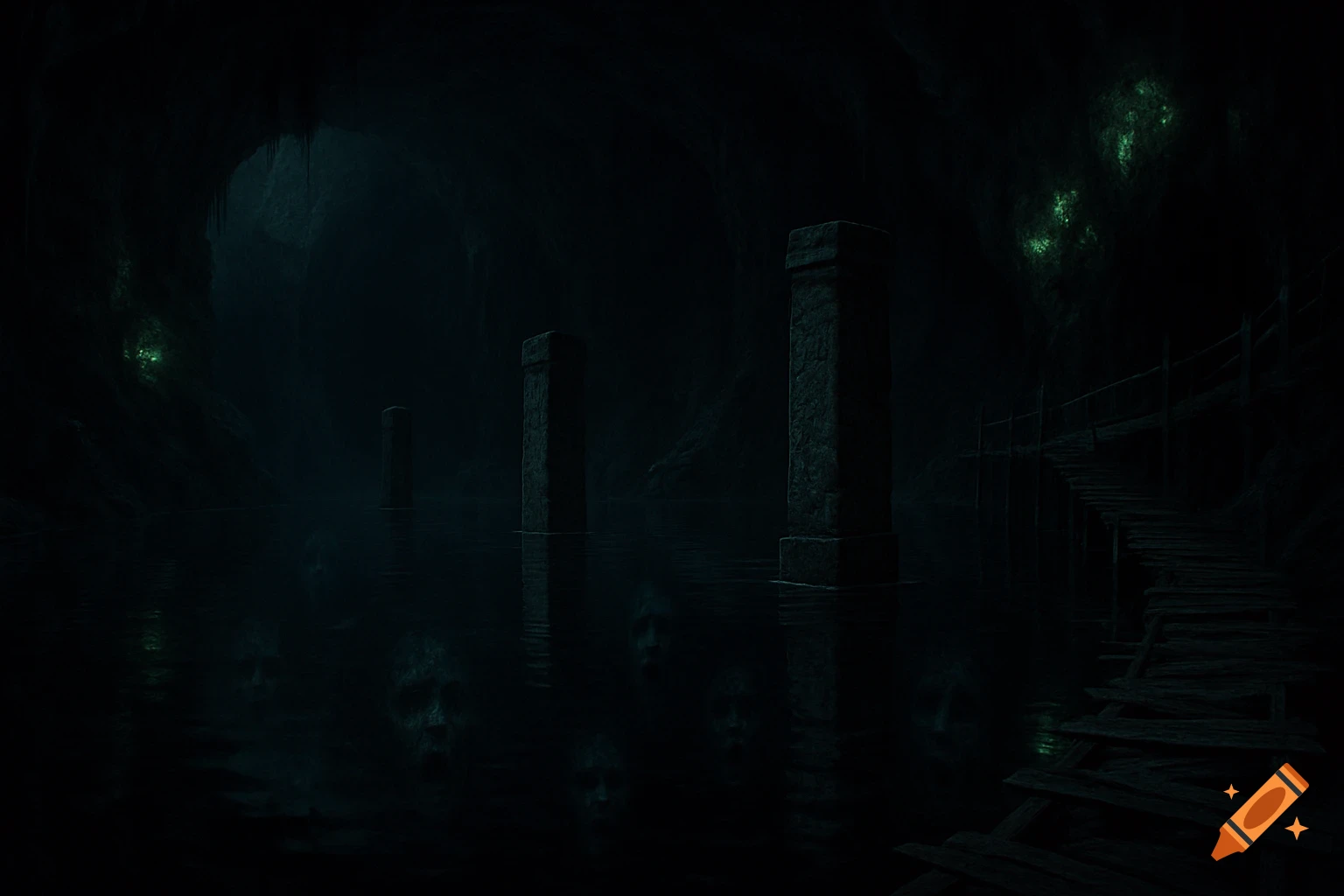 An eerie underground cavern with a dark lake, stone pillars, and haunting faces reflected in the water. A broken wooden walkway and glowing moss add to the somber atmosphere.