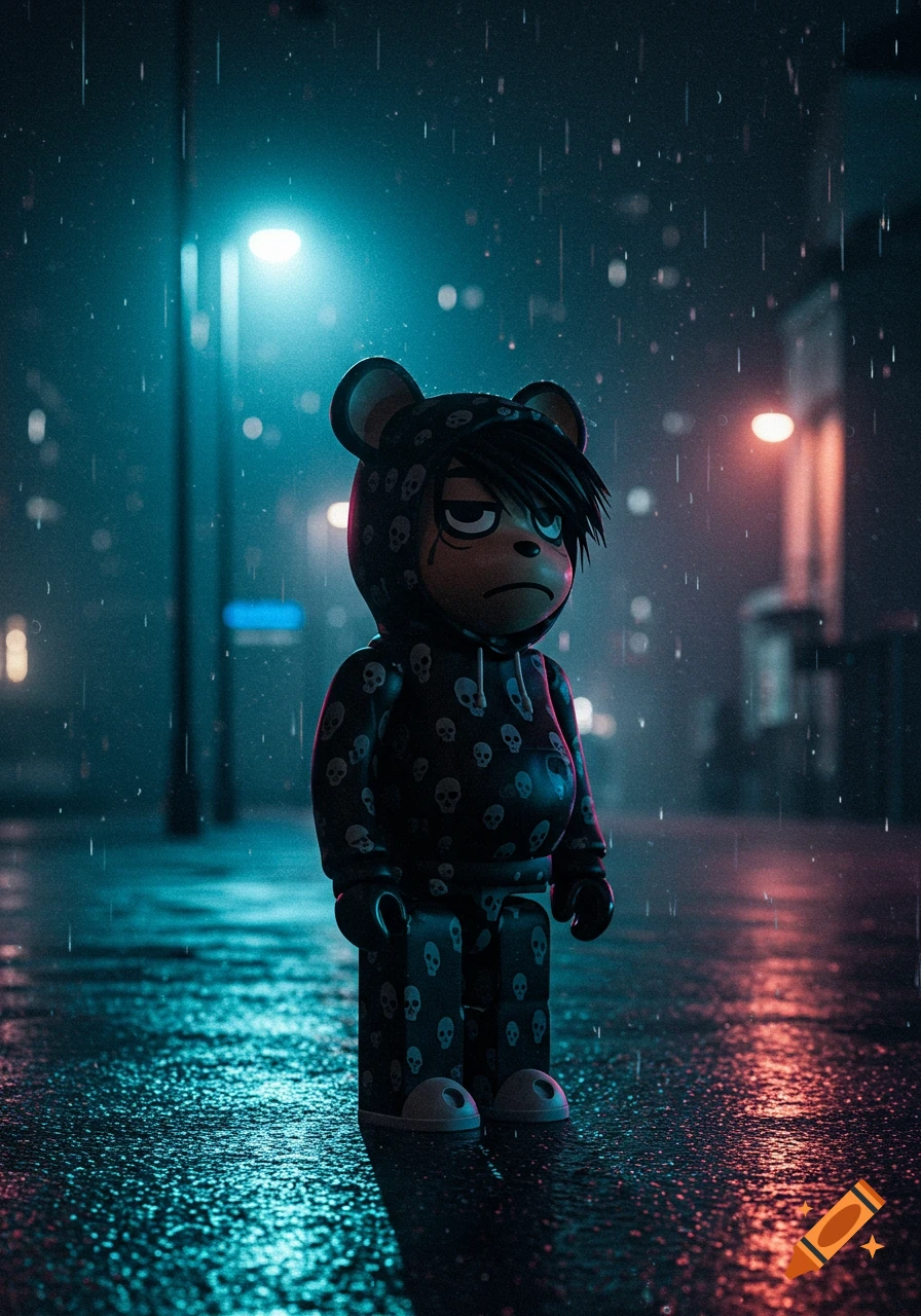An emo-style bear character in a skull hoodie stands sadly on a wet, neon-lit city street in the rain.