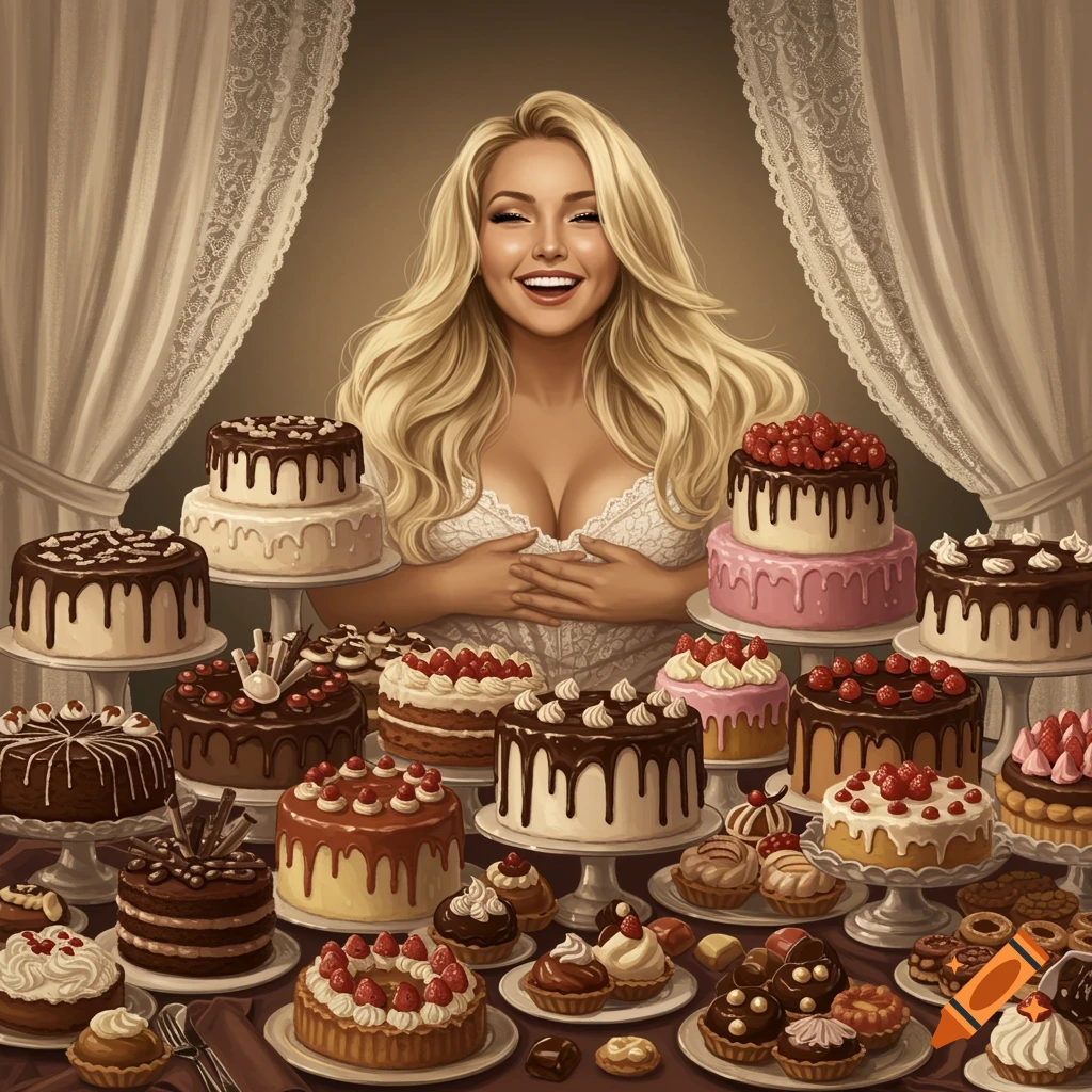 A smiling blonde woman in a white top, surrounded by a lavish table filled with various cakes and pastries.