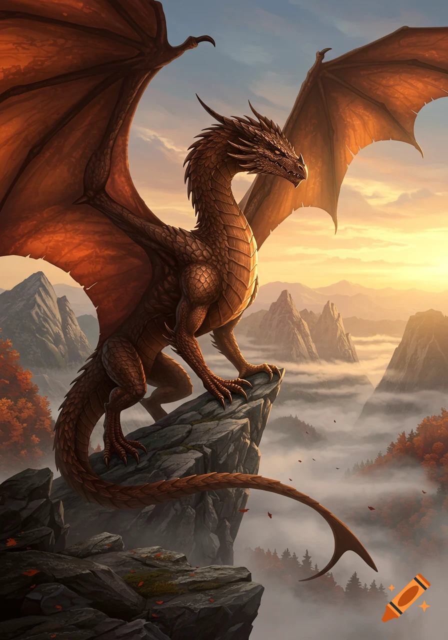 A majestic brown dragon with large wings stands atop a rocky mountain peak at sunset, overlooking a misty valley.