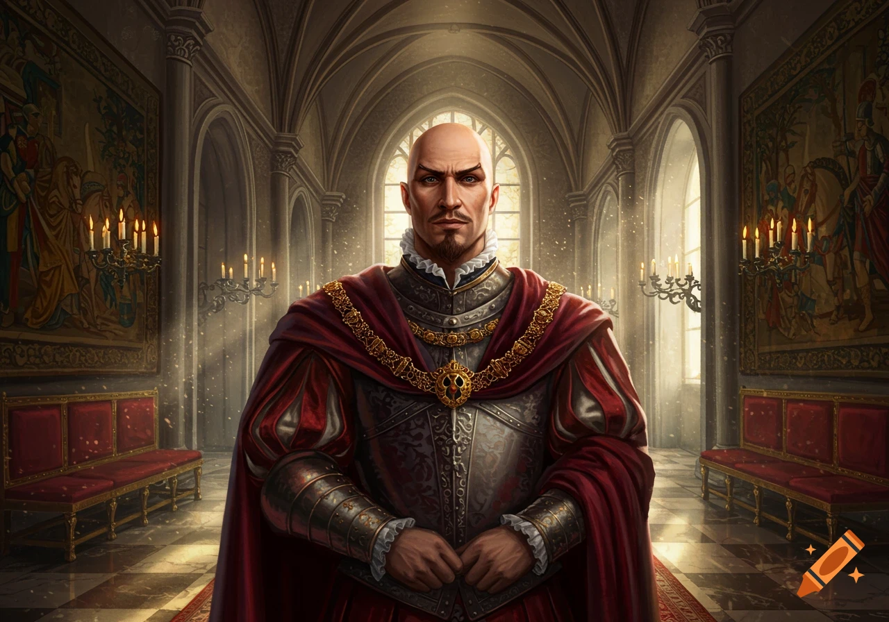 A serious bald man with a goatee in red noble attire and armor stands in a grand, sunlit hall with tapestries.