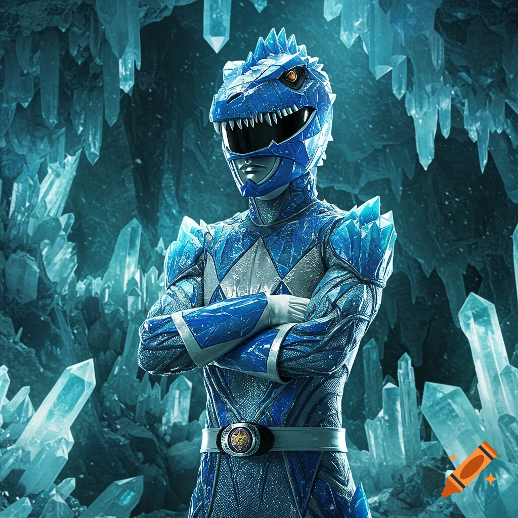 Photorealistic blue crystalline Power Ranger with a Spinosaurus helmet stands with crossed arms in an ice cave.