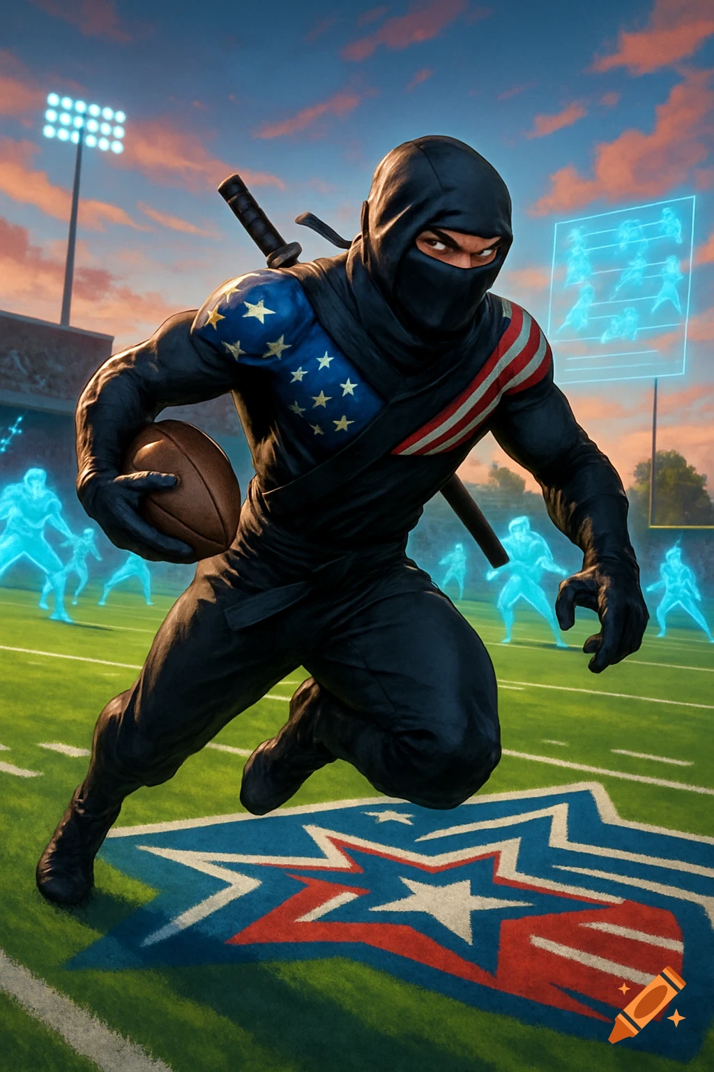 A ninja in a black suit with American flag design runs with a football on a stadium field, with glowing holographic players.