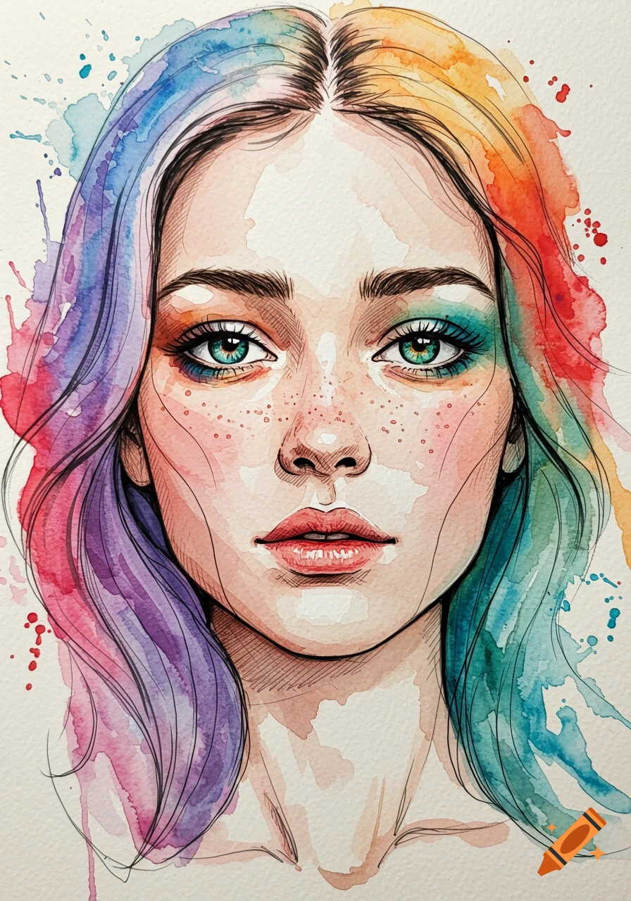 A watercolor and pen sketch portrait of a young woman with multi-colored hair and green eyes, featuring watercolor splatters.