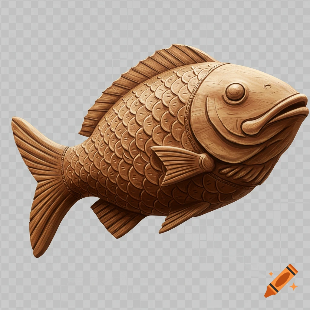 A detailed wooden carving of a fish with scales and fins, on a transparent background.