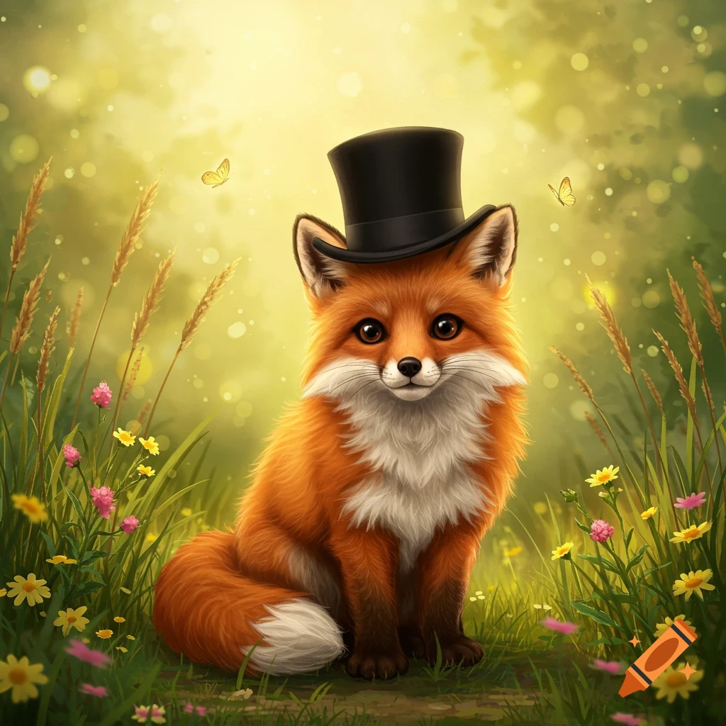 A cute red fox wearing a black top hat sits in a lush green meadow with small colorful flowers and glowing bokeh lights.