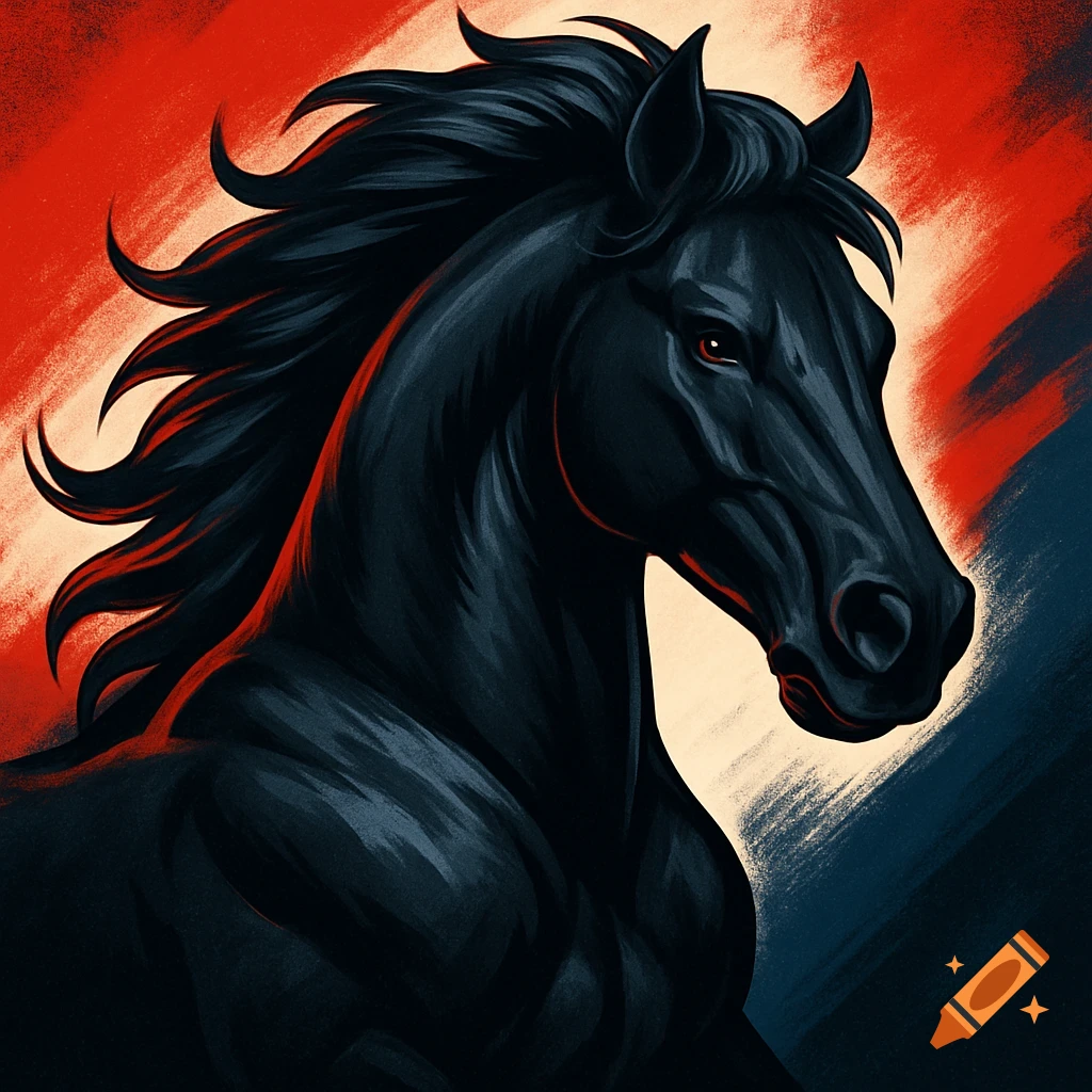A graphic illustration of a majestic black horse's head and neck against a red, cream, and blue brushstroke background.