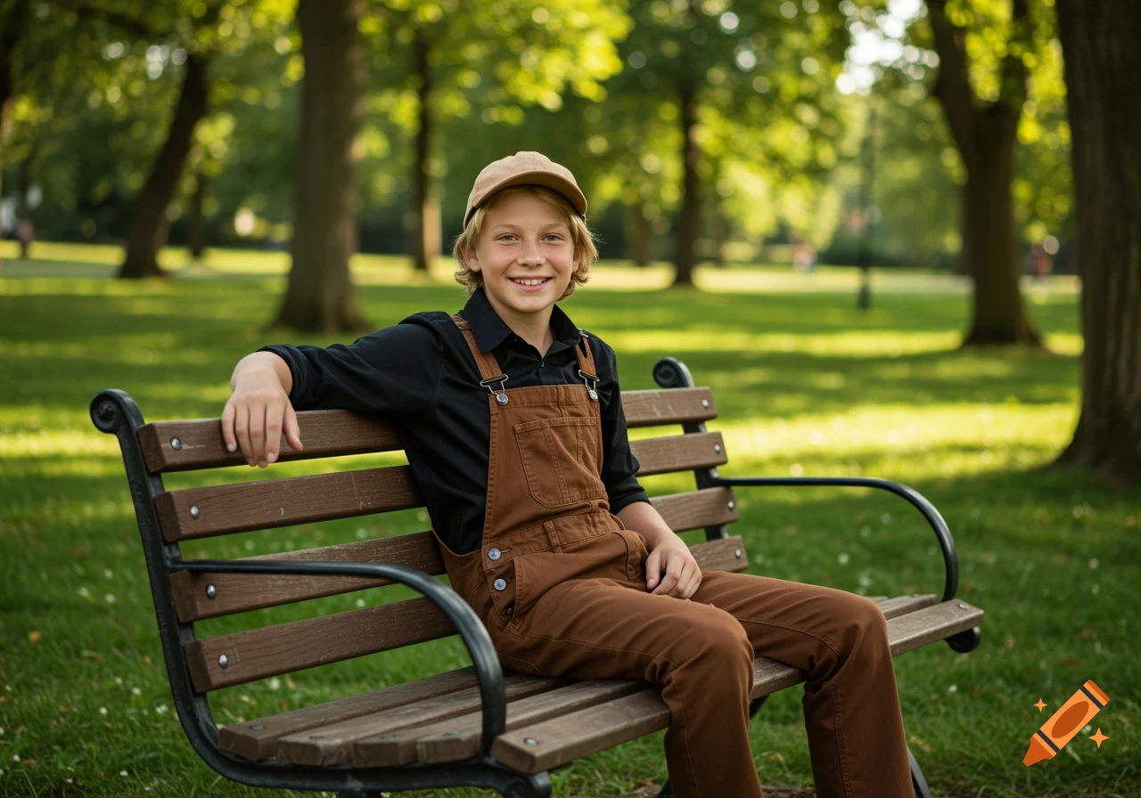 Smiling boy in brown overalls and baseball cap sits on a park bench in a sunny, green park. Photorealistic portrait.