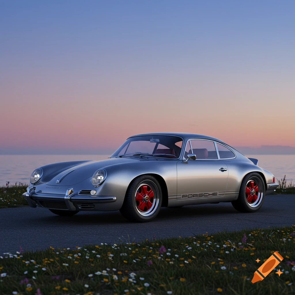 Photorealistic silver classic Porsche car with red wheels on a coastal road at sunset.